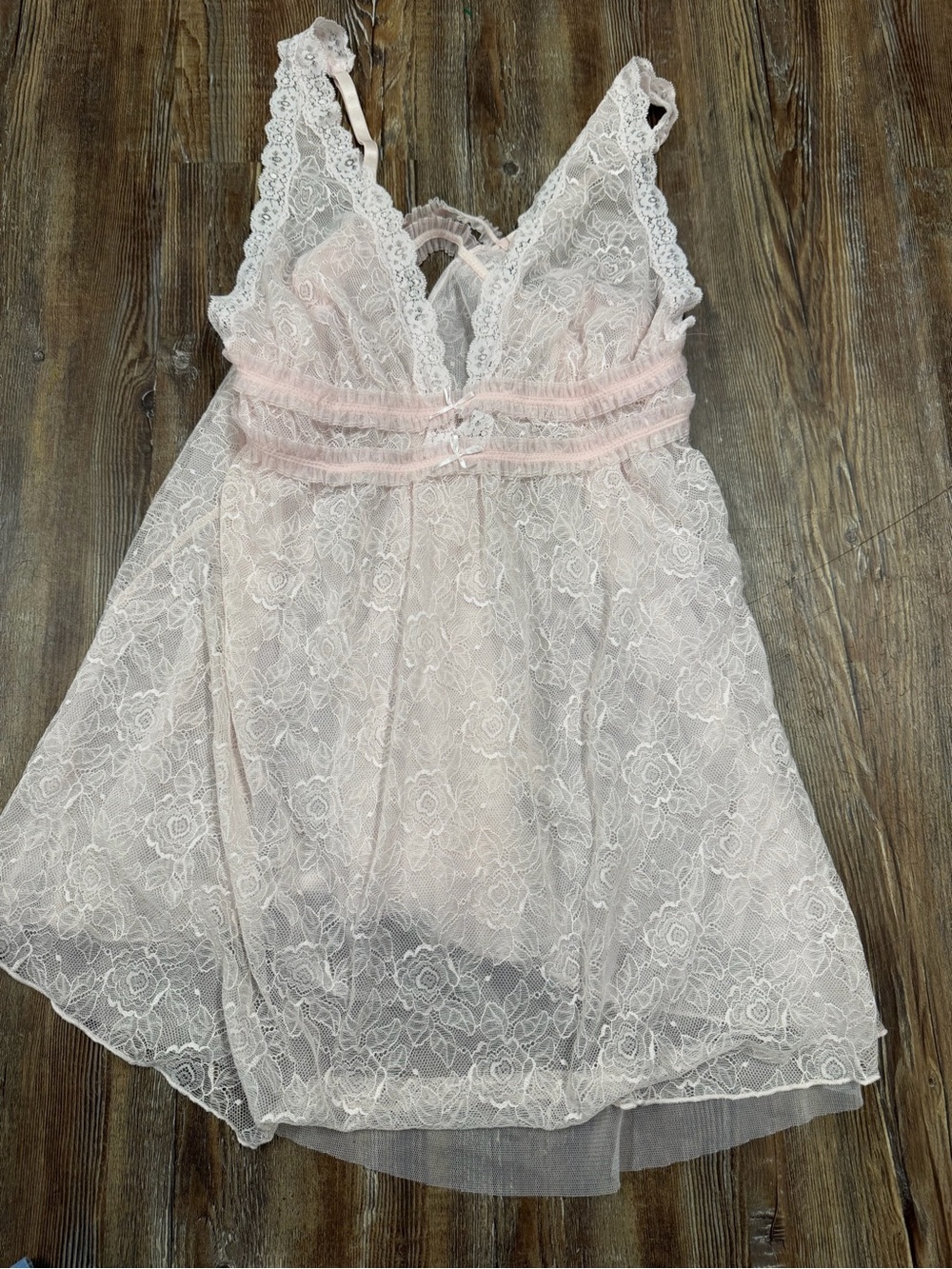 Y2k baby Pink lace babydoll lingerie dress with white floral embroidery